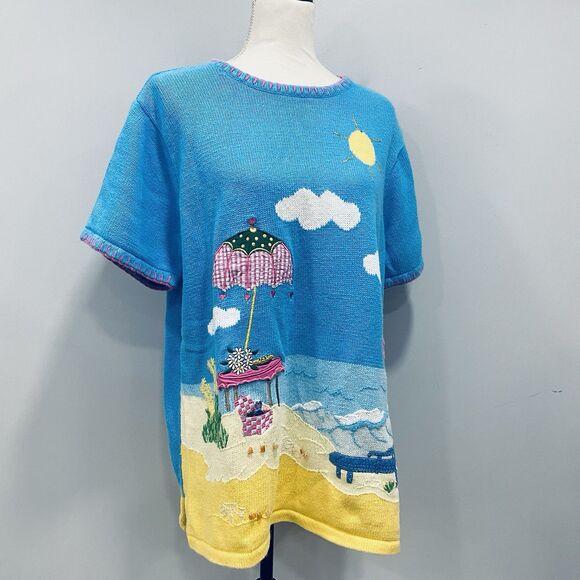 VTG The Quacker Factory L Blue Short Sleeve Beachy Knit Tunic Sweater Whimsical - Picture 14 of 16